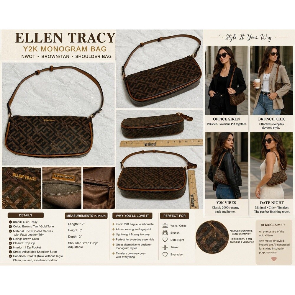 NWOT Ellen Tracy Y2K Monogram Baguette Bag Brown Tan Logo Shoulder Purse